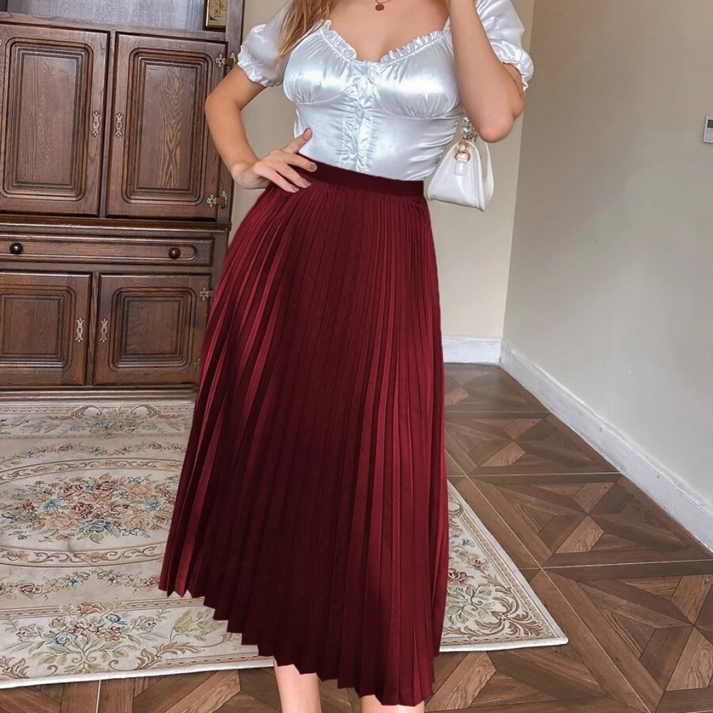 Classic Pleated Satin Evening Midi Skirt - Picture 7 of 10